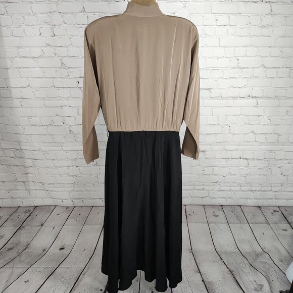 VTG Liz Roberts Black Beige Color Block Long Sleeve Polyester Maxi Dress Size 10 - Picture 4 of 11